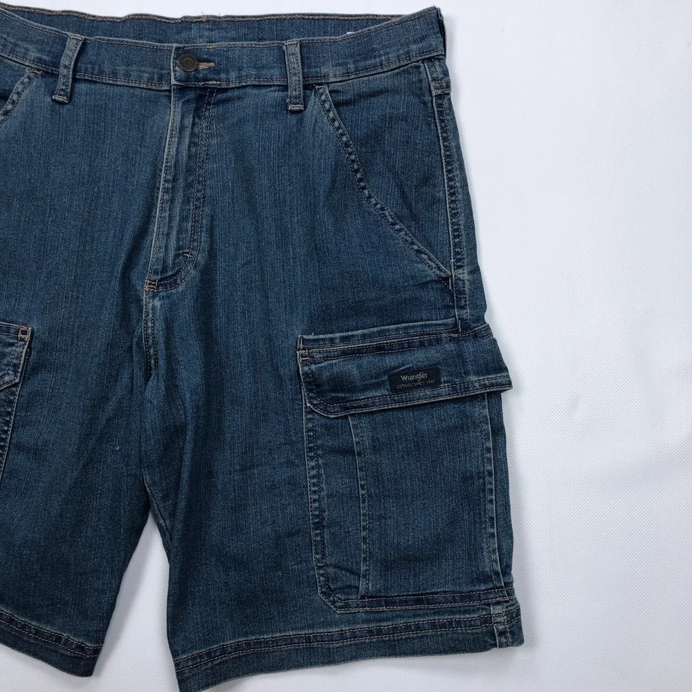 Wrangler Mens Denim Cargo Shorts Blue Size 32 Stretch Jean Jorts